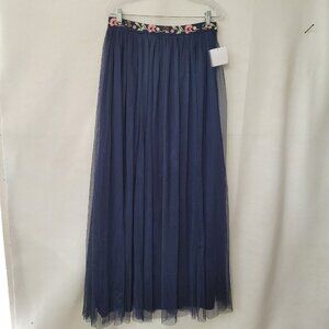 Whimsical Navy Blue Tulle Skirt with Embroidered Floral Waistband